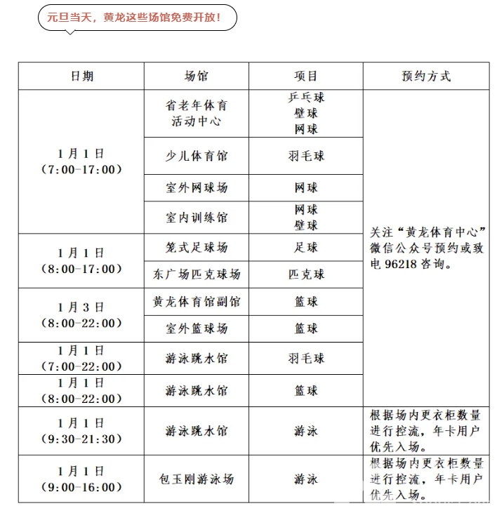 元旦当天，黄龙这些场馆场地免费开放！(图2)